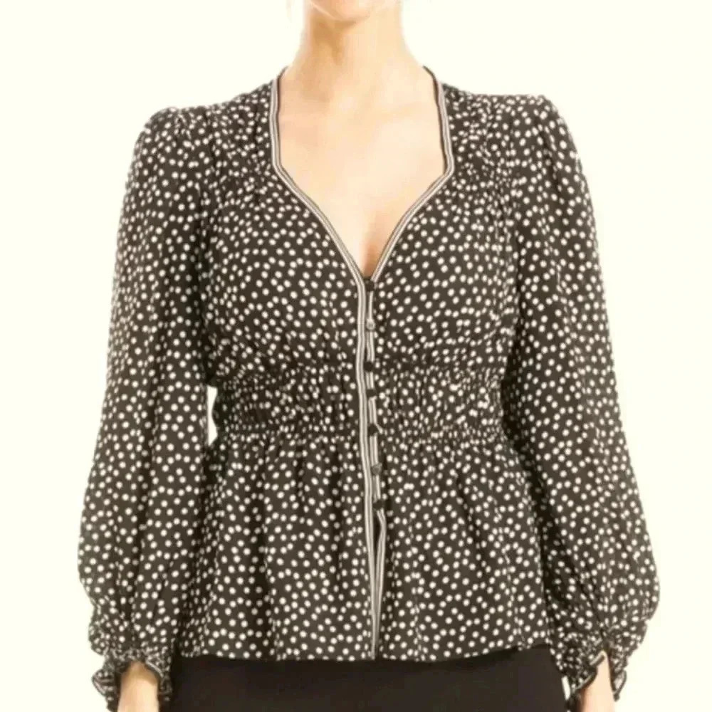 Max Studio Long Sleeve Polkadot Blouse in Black